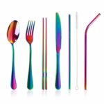 Stainless Steel Flatware Set Reusable Cutlery Set Travel Utensils Set with Straws for Camping Office or School Lunch,Dishwasher Safe,Set of 7 (Rainbow)