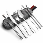 Portable utensils silverware flatware set, Travel Camping Cutlery set, 8-Piece including Knife Fork Spoon Chopsticks Cleaning brush Straws Portable bag, Stainless steel Utensil set (RA)