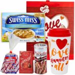 Valentine Gift Set | Travel Mug, 6 Pack SwissMiss Marshmallow Hot Cocoa, Bobs Peppermint Candy Sticks Stir, Lindt Lindor Milk Chocolate Truffle, Pirouline Cream Wafers & V-Day Gift Bag (Love)