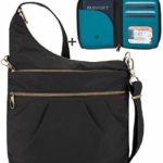 Travelon Anti-Theft Signature 3 Compartment Travel Cross Body Shoulder Bag with Matching RFID Blocking Zip Around Passport Travel Wallet, Black