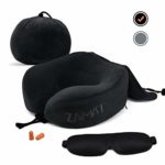ZAMAT Breathable & Comfortable Memory Foam Travel Neck Pillow, U-Shaped Adjustable Airplane Car Flight Pillow, 360-Degree Head Support, Spandex Case Cover | Travel Kit with Earbuds & Eye Mask (Black)