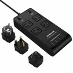 POWERADD Surge Protector Power Strip International Travel Outlet 4 Outlets 4 USB Ports with UK/AU/EU Adapters, Separate Switch Control 2500W/10A, 6ft Heavy Cord, 3500 Joules Surge Suppressor – Black