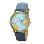 Luweki New Global Travel By Plane Map Women Dress Watch Denim Fabric Band Blue