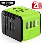 Universal Travel Adapter -Whlzd International Travel Power Adapter W/Smart High Speed 3.4A Type C 4 USB Wall Charge, European Adapter, Worldwide AC Wall Outlet Adapter for EU, UK, US, AU, Asia(Green)