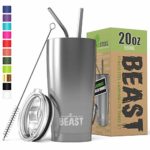 BEAST 20oz Stainless Steel Tumbler Vacuum Insulated Rambler Coffee Cup Double Wall Travel Flask Mug with Splash Proof Lid, 2 Straws, Pipe Brush & Gift Box Bundle By Greens Steel