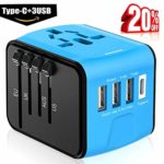 Universal Travel Adapter, Whlzd All in One International Power Adapter with Smart High Speed 3 USB & 1 Type C Ports, European Adapter Wall Charger UK, EU, AU, Asia Covers 220+Countries (Blue)