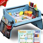 Upgraded Kids Travel Tray with Dry Erase Top Car Seat Travel Tray with 16 Organizer Pockets for Car Stroller Plane Bonus 5 Educational Drawing