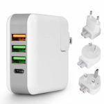 SUENANCY USB Wall Charger Station, Quick Charge 3.0 Travel Replaceable US/UK/EU/AU Plug Multi 4-Port USB Charging Tower with USB C Interface, 25W USB Power Adapter for iPhone, Android and More (White)