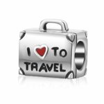 ABUN I Love to Travel Charm Solid 925 Sterling Silver Suitcase Charm with Red Enamel Heart for Bracelet