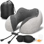 MLVOC Travel Pillow 100% Pure Memory Foam Neck Pillow, Comfortable & Breathable Cover – Machine Washable, Airplane Travel Kit with 3D Sleep Mask, Earplugs, and Luxury Bag, Grey
