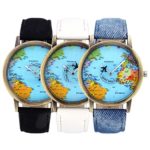 Top Plaza Womens Mens Rotating Airplane Global Travel World Map Watch PU Leather Band Quartz Watch 3pcs/Set