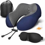 MLVOC Travel Pillow 100% Pure Memory Foam Neck Pillow, Comfortable & Breathable Cover – Machine Washable, Airplane Travel Kit with 3D Sleep Mask, Earplugs, and Luxury Bag, Blue