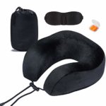 SAIREIDER Travel Neck Pillow Airplane Sleeping Adjustable U-Shape 100% Pure Memory Foam Neck Cusion with Portable Bag, Sleep Mask and Earplugs Y-Black