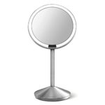 simplehuman Mini Sensor Lighted Makeup Travel Mirror 5″ Round, 10x Magnification, Stainless Steel, Rechargeable