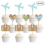30 PCS Airplane Cupcake Toppers Map Heart Traveling Case Cake Toppers Picks for World Awaits Travel Themed Baby Shower Party Decorations