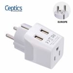 Ceptics Schuko, Germany, France, Spain Travel Adapter Plug with Dual USB – Usa Input Type E/F – Ultra Compact Perfect for Cell Phones, Laptop, Camera Chargers, iWatch, iPad, iPhone and More (CTU-9)