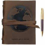 Leather Journal World Map Notebook Embossed Handmade Travel Diary, A5 Vintage Writing Bound for Men For Women Genuine Antique Rustic Leather 6″x8″ Engraved Paper Perfect for Notes Sketchbook + Pen