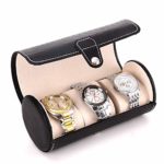 PENGKE Leather Watch Roll Organizer,Watch Case, Travel Watch Roll for 3 Watch, Portable Watch Organizer-Black