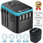 International Adapter for Travel, Ease2U Dual Voltage Hair Dryer, Straightener, Curling Iron Travel Adapter with 5 Fast USB Charger,Type-C,8A Worldwide AC Outlet Max 2000W UK US AU Asia 200+(Blue)