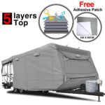 RVMasking Heavy Duty 5 Layers Top Travel Trailer RV Cover, Fits 31’7″ – 34′ RVs – Breathable Waterproof Anti-UV Ripstop Camper Cover with 15 PCS Windproof Buckles & Adhesive Repair Patch (25.4″&59″)