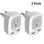 European Plug Adapter 2 Pack, TESSAN International Travel Power Outlet Adaptor with 2 USB – USA to Most of Europe EU Spain Iceland Italy (Type C)