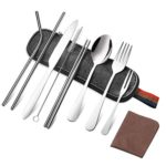 Portable Utensils Set,Travel Camping Cutlery Bulk with Storage Cloth Bag,Reusable Stainless Steel Flatware Set,Including Knife Fork Spoon Straws Chopsticks Cleaning Brush & Cloth