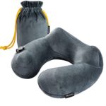 Metene Travel Pillow Soft Velvet Inflatable Neck Support Pillows for Airplanes Washable Cover with Portable Carrying Bag