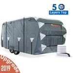 KING BIRD Upgraded Travel Trailer RV Cover, Extra-Thick 5 Layers Anti-UV Top Panel, Deluxe Camper Cover, Fits 24′- 27′ RV Cover -Breathable, Water-Repellent, Rip-Stop with 2Pcs Straps & 4 Tire Covers