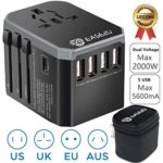 International Adapter,Ease2U Dual Voltage Hair Dryer, Flat Iron, Steamer Travel Adapter, with 5 Fast USB Charger,Type-C,8A Worldwide AC Outlet Max 2000W UK US AU Asia 200+(Black)