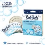 SinkSuds Travel Laundry Detergent Liquid Soap + Odor Eliminator for All Fabrics Including Delicates, (TSA Compliant), 6 Sink Packets (0.25 fl oz Each) + 4in Stopper, White