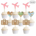 30 PCS Travel Cupcake Toppers Pink Airplane Map Heart Traveling Case Cake Topper Picks for World Awaits Travel Themed Baby Shower Party Decorations