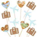 24 Pack Heart Map Luggage Airplane Cupcake Toppers Plane for Travel Theme Baby Shower Birthday Party Cake Decor