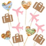 24 Pack Heart Map Luggage Airplane Cupcake Toppers Plane for Travel Theme Baby Shower Birthday Party Cake Decor