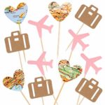Newqueen 24 Pack Traveling Airplane Cupcake Toppers Pink Heart Map Luggage Plane Cupcake Picks Travel Theme Baby Shower Birthday Party Cake Decors