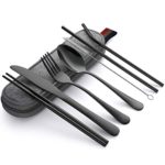 Devico Portable Utensils, Travel Camping Cutlery Set, 8-Piece including Knife Fork Spoon Chopsticks Cleaning Brush Straws Portable Case, Stainless Steel Flatware set (8-piece Black)