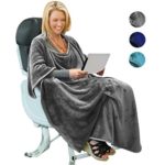 Portable Travel Blanket Airplane Office 4 in 1 Micro Mink Fleece Poncho Blanket Folable with Pocket and Built-in Bag – Great for Airplane Car Train Travel – Ultra Soft and Cozy, Grey