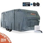 KING BIRD Extra-Thick 4-Ply Top Panel & Extra 2Pcs Reinforced Straps, Deluxe Camper Travel Trailer Cover, Fits 20′- 22′ RV Cover -Breathable Water-Repellent Anti-UV with Storage Bag&Tire Covers