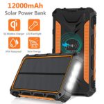 Solar Charger, 12000mAh QI Wireless Solar Power Bank Portable Chargers External Battery Pack Charger, 3 Output Ports 4 LED Flashlight, Solar Panel Charging for Travel, Camping, Emergency