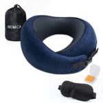 HOMCA Travel Pillow, 100% Pure Memory Foam Neck Pillow for Airplane, Adjustable Comfortable Flight Pillow for Sleeping, 360º Head Neck and Chin Support with Storage Bag, Sleep Mask, Earplugs, Blue