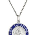 Sterling Silver Round Saint Christopher Medal Pendant Necklace with Blue Epoxy Edge and Rhodium Plated Stainless Steel Chain, 20″