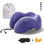 LEISIME Travel Pillow Memory Foam Neck Pillow Support – Comfortable & Breathable Cover – Machine Washable, Airplane Pillow Kit with 3D Sleep Mask, Earplugs, and Luxury Bag (Purple)