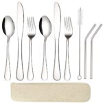 Nice Kitchen Stainless Steel Travel Silverware Set Flatware Cutlery Utensils with Straws Brush for Outdoors Camping Office or School Lunch, Dishwasher Safe, Easy Carrying, 9-Piece, Silver 9pcs