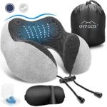 OYRGCIK Travel Pillow, 100% Pure Memory Foam Neck Pillow, Soft & Breathable Cotton Cover, Machine Washable Airplane Travel Kit U Shaped Pillow with 3D Contoured Eye Mask, Earplugs, Travel Bag, Gray