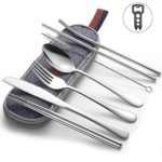 Travel Utensils, Sunhanny Reusable Utensils with Case, Travel Camping Cutlery Set, Portable Silverware Including Outdoor Multi-Tool, Dish Cloth, Metal Straws, Stainless Steel Flatware Set (Silver)