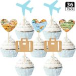 36 Pieces Travel Themed Cupcake Toppers Set, Blue Airplane Cupcake Toppers Map Heart Cake Toppers for Travel Themed Baby Shower Party Decorations