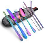 Rainbow Travel flatware set with Case Stainless Steel silverware Tableware Set colorful reusable-portable-utensils-silverware-case,Include Knife/Fork/Spoon/Straw (Portable RB)