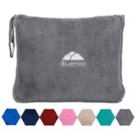 BlueHills Premium Soft Travel Blanket Pillow Airplane Flight Blanket throw in Soft Bag Pillow case with Hand Luggage Belt and Backpack Clip Compact Pack Large Blanket for Travel Grey Color (Gray T007)