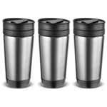 Set of 3 Stainless Steel coffee cup Insulated Travel Car Mug | Spill LEAK Proof | Reusable coffee cups with lids | Insulated Coffee & Tea mug Keeps Hot or Cold | 16 oz | great for travel. Liquor Sip.