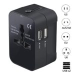Universal Travel Adapter, Worldwide All in One International Travel Power Adapter Power Plug Adapter with 2.1A Dual USB Charging Ports for Asia Europe UK AUS and USA (Black)