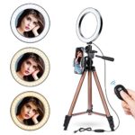 8″ Selfie Ring Light with 50″ Adjustable Travel Tripod &Flexible Phone Holder, UFula LED Dimmable Ring Light for Live Stream/Makeup/YouTube/Video/Photography, Compatible with iPhone and Android.